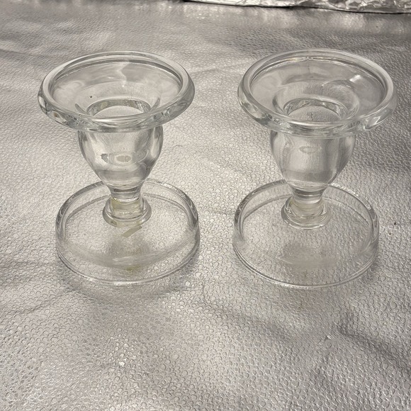 Vintage‎ 80s Pair Clear Glass Candle Holders Pair 4.5" Elegant Farmhouse Cottage - Picture 4 of 9